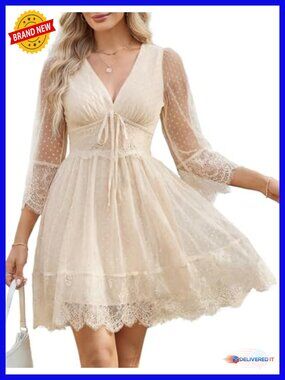 Women's Boho Lace Patchwork Mini Dress Deep V-Neck Smocked Back